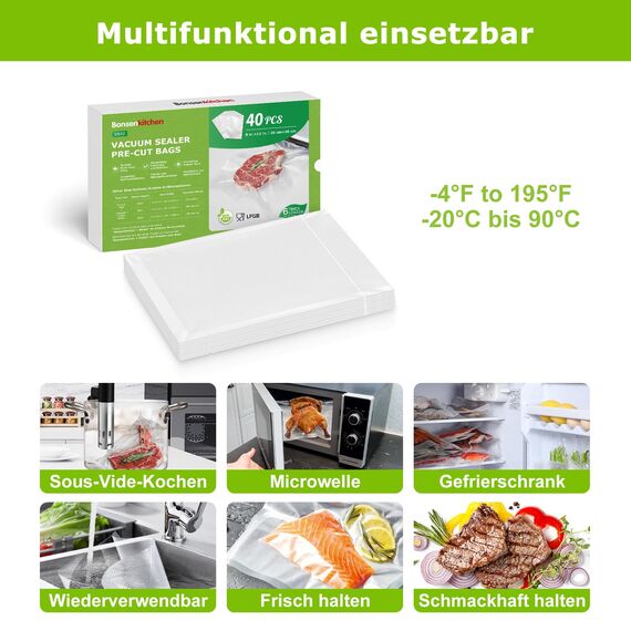 Bonsenkitchen Profi Vakuumbeutel, 40 Beutel 20x30cm Vakuumierbeutel für alle Vakuumierer & Lebensmittel Vakuumiergerät, Kochfest und Sous Vide Gefrierbeutel, BPA-frei, VB32