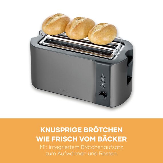 Severin Automatik-Langschlitztoaster, Toaster mit Brötchenaufsatz, hochwertiger Edelstahl Toaster mit großen Röstkammern und 1400 W Leistung, Auftau-Funktion, dark inox/schwarz, AT 9341