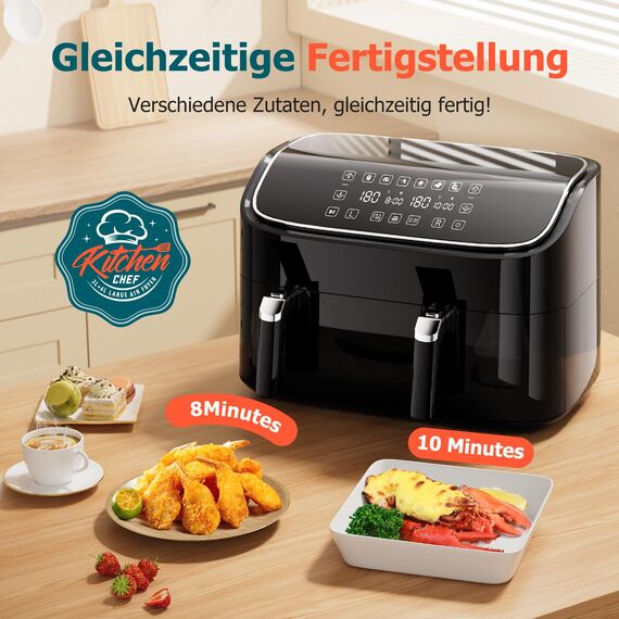 Heißluftfritteuse 2 kammern, Hochwertige 9L Airfryer (3L&6L), 2 Fächer, 6-in-1, Touchscreen, Spülmaschinenfeste Körbe, Antihaftbeschichtete Frittierkörbe, Gesunde Friteuse ohne Öl und fettarmes Kochen