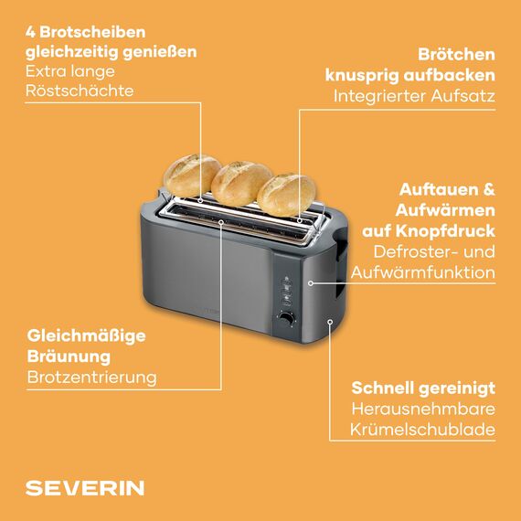 Severin Automatik-Langschlitztoaster, Toaster mit Brötchenaufsatz, hochwertiger Edelstahl Toaster mit großen Röstkammern und 1400 W Leistung, Auftau-Funktion, dark inox/schwarz, AT 9341