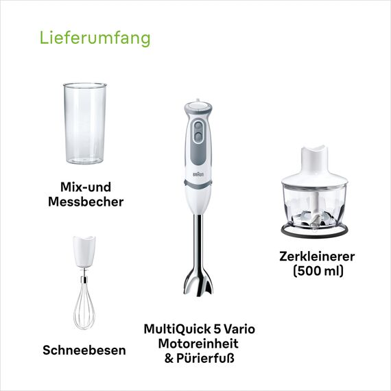 Braun Household Stabmixer MQ 5235WH Stabmixer – MultiQuick 5 Vario Pürierstab mit Edelstahl Mixfuß, 1000 Watt, inkl. 3-teiligem Zubehör-Set, weiß/grau [Energieklasse A]