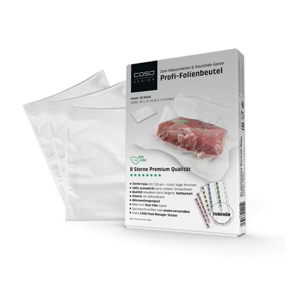 CASO Profi- Folienbeutel 40x60 cm / 25 Beutel, für alle Vakuumierer, BPA-frei, sehr stark & reißfest ca. 150µm, aromadicht, kochfest, Sous Vide, wiederverwendbar, inkl. Food Manager Sticker