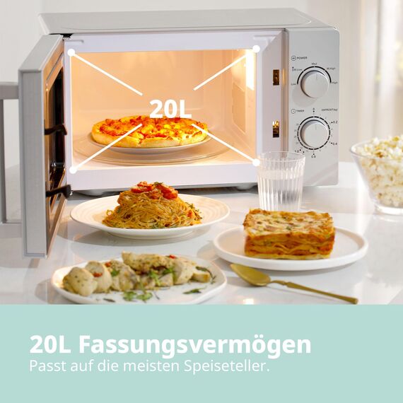 Comfee CMSN 20 si Mikrowelle / Solo-Mikrowelle mit 5 Leistungsstufen/ Innenbeleuchtung/ easy Defrost/360°Drehteller / Zwei Drehregler/20L/700W/ Silber