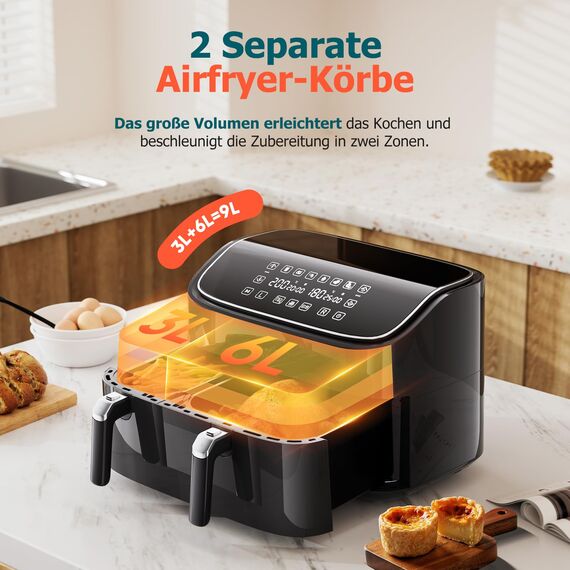 Heißluftfritteuse 2 kammern, Hochwertige 9L Airfryer (3L&6L), 2 Fächer, 6-in-1, Touchscreen, Spülmaschinenfeste Körbe, Antihaftbeschichtete Frittierkörbe, Gesunde Friteuse ohne Öl und fettarmes Kochen
