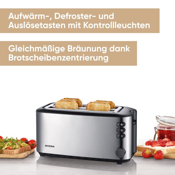 Severin Doppel-Langschlitztoaster mit eingebautem Brötchen-Aufsatz, für 4 Brotscheiben, Brotscheibenzentrierung, Aufwärm- und Defroster-Stufe, Edelstahl gebürstet, schwarz, 1.400 W, AT 2509