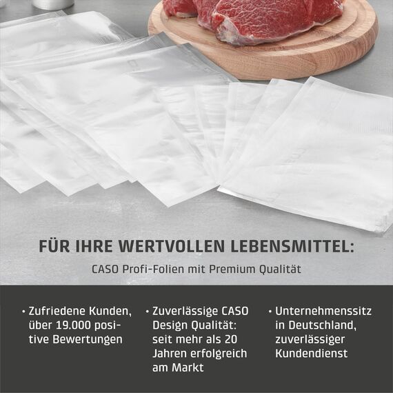 CASO Profi- Folienset 5, 100x Vakuumierbeutel (40x16x23cm, 40x20x30cm, 20x30x40cm), Vakuumbeutel für Lebensmittel, 150µm, Vakuumierfolie Sous Vide, BPA-frei