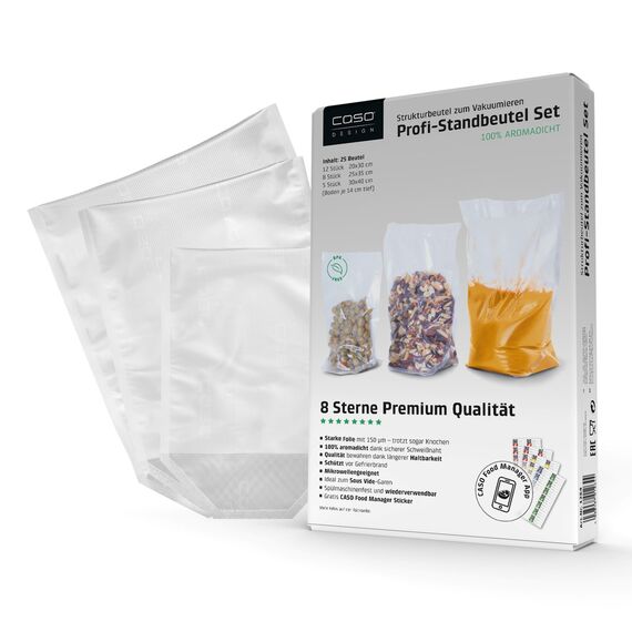 CASO Profi- Standbeutel Set/Vakuumbeutel mit Standboden, ideal für das Vakuumieren von Flüssigkeiten und voluminösen Lebensmitteln, 25 Stk., 3 verschiedene Größen, ca. 150µm, BPA-Frei