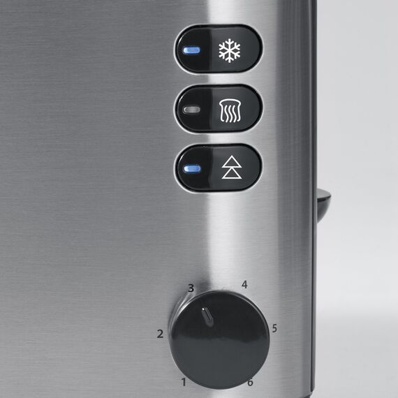 Severin Doppel-Langschlitztoaster mit eingebautem Brötchen-Aufsatz, für 4 Brotscheiben, Brotscheibenzentrierung, Aufwärm- und Defroster-Stufe, Edelstahl gebürstet, schwarz, 1.400 W, AT 2509