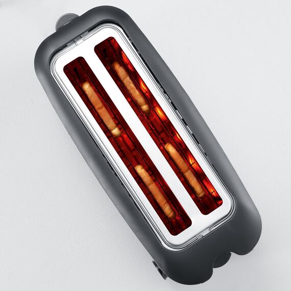 Severin Doppel-Langschlitztoaster mit eingebautem Brötchen-Aufsatz, für 4 Brotscheiben, Brotscheibenzentrierung, Aufwärm- und Defroster-Stufe, Edelstahl gebürstet, schwarz, 1.400 W, AT 2509