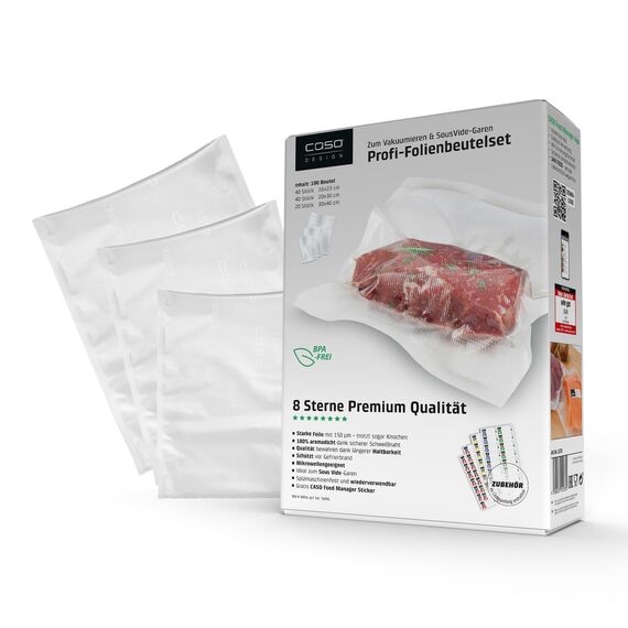 CASO Profi- Folienset 5, 100x Vakuumierbeutel (40x16x23cm, 40x20x30cm, 20x30x40cm), Vakuumbeutel für Lebensmittel, 150µm, Vakuumierfolie Sous Vide, BPA-frei