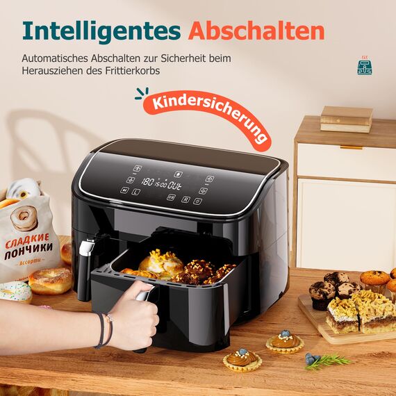 Heißluftfritteuse 2 kammern, Hochwertige 9L Airfryer (3L&6L), 2 Fächer, 6-in-1, Touchscreen, Spülmaschinenfeste Körbe, Antihaftbeschichtete Frittierkörbe, Gesunde Friteuse ohne Öl und fettarmes Kochen