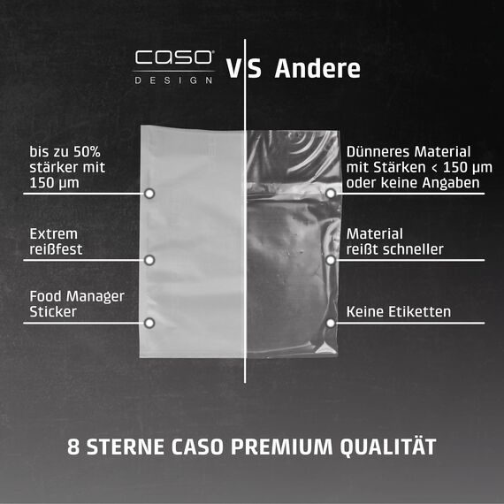 CASO 8 Sterne Profi- Folienbeutel 25x35 cm / 50 Beutel, Vakuumierbeutel für alle Vakuumierer, sehr stark & reißfest ca. 150µm, Vakuumbeutel Lebensmittel Vakuumiergerät, Sous Vide, BPA-frei