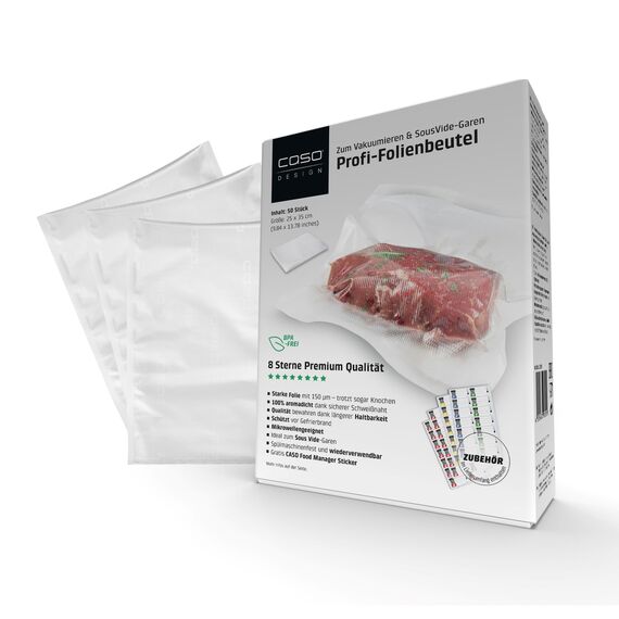 CASO 8 Sterne Profi- Folienbeutel 25x35 cm / 50 Beutel, Vakuumierbeutel für alle Vakuumierer, sehr stark & reißfest ca. 150µm, Vakuumbeutel Lebensmittel Vakuumiergerät, Sous Vide, BPA-frei