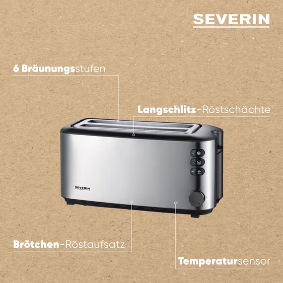 Severin Doppel-Langschlitztoaster mit eingebautem Brötchen-Aufsatz, für 4 Brotscheiben, Brotscheibenzentrierung, Aufwärm- und Defroster-Stufe, Edelstahl gebürstet, schwarz, 1.400 W, AT 2509