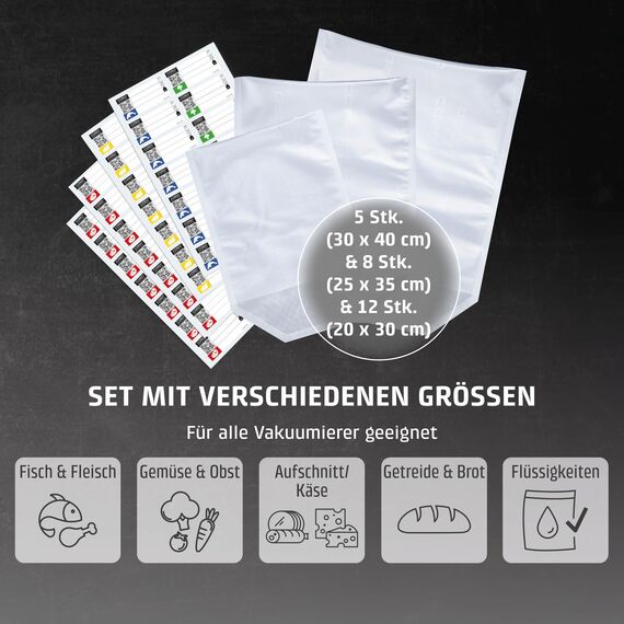 CASO Profi- Standbeutel Set/Vakuumbeutel mit Standboden, ideal für das Vakuumieren von Flüssigkeiten und voluminösen Lebensmitteln, 25 Stk., 3 verschiedene Größen, ca. 150µm, BPA-Frei