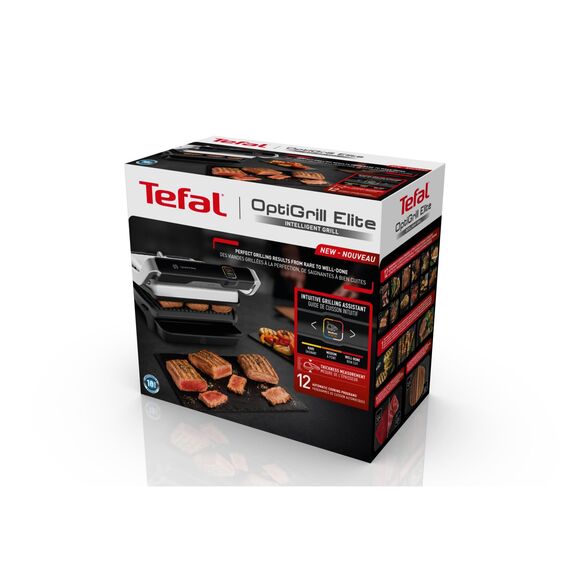 Tefal OptiGrill Elite Kontaktgrill, 12 automatische elektrische Grillprogramme, Digitales Display mit Garstufenanzeige, abnehmbare Platten, Elektrogrill, Edelstahl, GC750D16