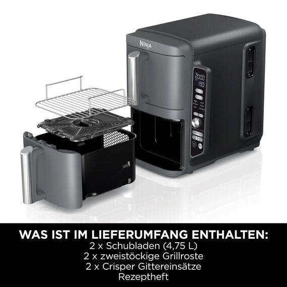 Ninja Double Stack XL Air Fryer Heißluftfritteuse, 9,5L Airfryer, Doppelkorb-Heißluftfritteuse mit 4 Kochstufen, 2 Körben, 2 Rosten, platzsparendes Design, 6 Kochfunktionen, 8 Portionen, Grau SL400EU