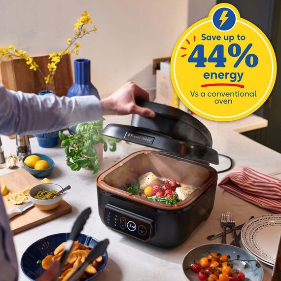 Russell Hobbs Heißluftfritteuse XL 5,5 l [Air Fryer/Grill/Multikocher] Rapid Air (spülmaschinenfest, Ober-&Unterhitze, kein Schütteln mehr, Slow Cooker, Backen, TK Pizza Ø 30cm) SatisFry 26520-56