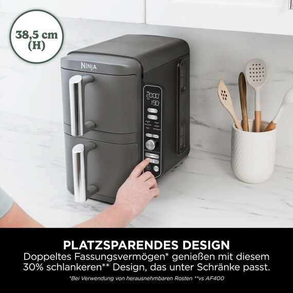 Ninja Double Stack XL Air Fryer Heißluftfritteuse, 9,5L Airfryer, Doppelkorb-Heißluftfritteuse mit 4 Kochstufen, 2 Körben, 2 Rosten, platzsparendes Design, 6 Kochfunktionen, 8 Portionen, Grau SL400EU