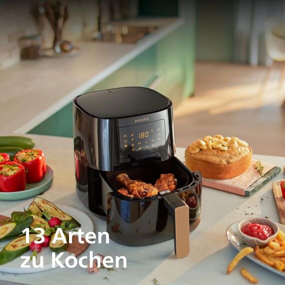 Philips Airfryer 5000-Serie Heißluftfritteuse L, 4.1L (0.8Kg), 13-in-1 Airfryer, Wifi verbunden, 90% Weniger Fett mit Rapid Air Technologie, Rezepte-App (HD9255/80)