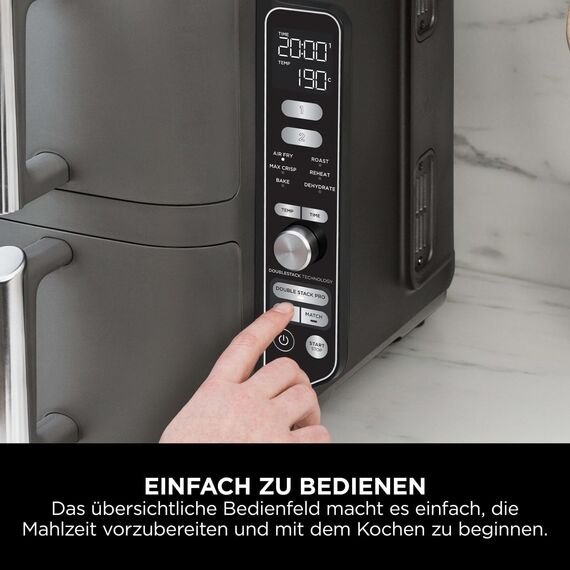 Ninja Double Stack XL Air Fryer Heißluftfritteuse, 9,5L Airfryer, Doppelkorb-Heißluftfritteuse mit 4 Kochstufen, 2 Körben, 2 Rosten, platzsparendes Design, 6 Kochfunktionen, 8 Portionen, Grau SL400EU