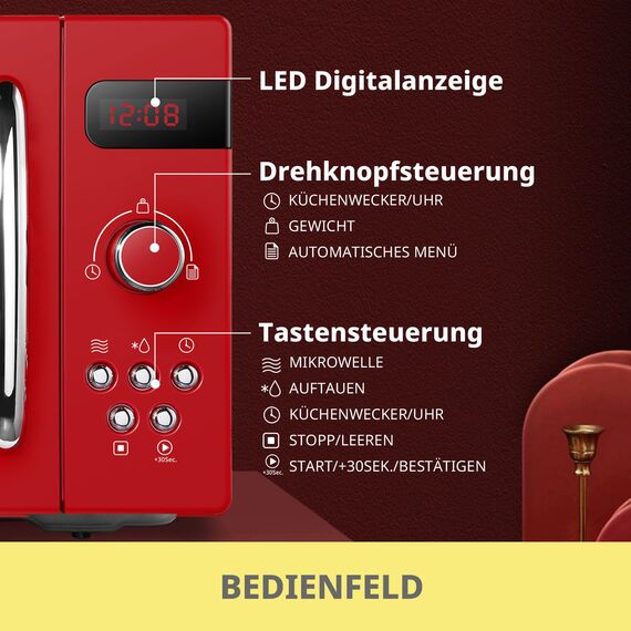Comfee CMSRO 20 di rd Retro-Mikrowelle mit 8 Automatikmenüs, 5 Leistungsstufen, Schnellkochtaste, 20 l, 800 W, leidenschaftlich rot