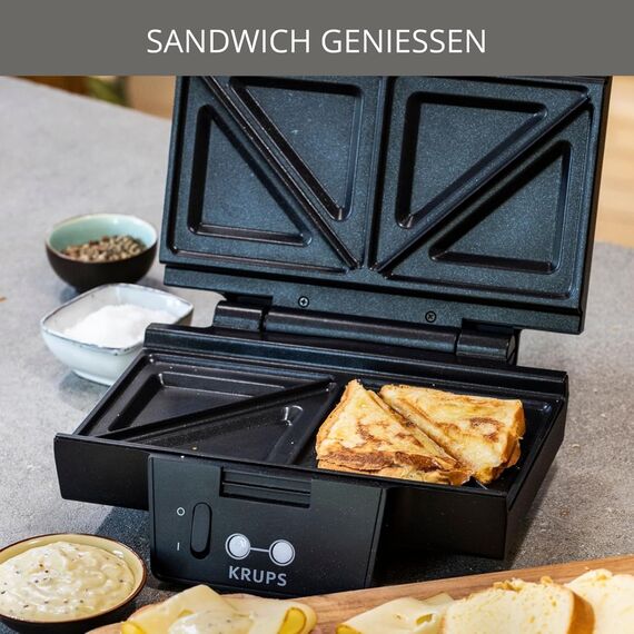 KRUPS FDK461 Sandwichmaker – Dreiecks-Sandwichtoasts, Keramik-Antihaftplatten, 850W, extra tiefe Form für leckere Gourmet-Sandwiches, schnelles Erhitzen, platzsparend, schwarz