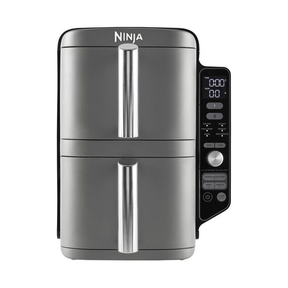 Ninja Double Stack XL Air Fryer Heißluftfritteuse, 9,5L Airfryer, Doppelkorb-Heißluftfritteuse mit 4 Kochstufen, 2 Körben, 2 Rosten, platzsparendes Design, 6 Kochfunktionen, 8 Portionen, Grau SL400EU