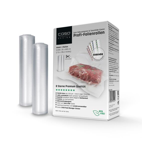 CASO 8 Sterne Profi- Folienrollen 20x600 cm / 2 Rollen, Vakuumierbeutel für alle Vakuumierer, sehr stark & reißfest ca. 150µm, Vakuumbeutel Lebensmittel Vakuumiergerät, Sous Vide, BPA-frei