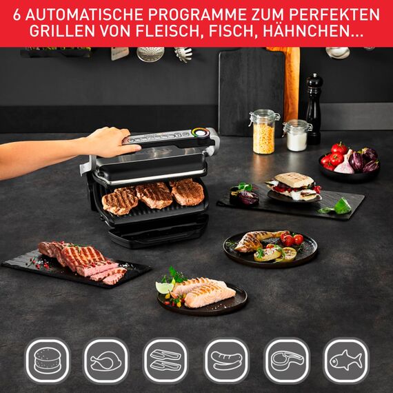 Tefal OptiGrill & Bake Kontaktgrill mit Backschale, 6 Programme, Garstufenanzeige, Abnehmbare Platten, Elektrogrill, Edelstahl, GC714D10