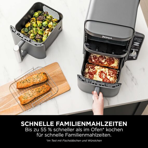 Ninja Double Stack XL Air Fryer Heißluftfritteuse, 9,5L Airfryer, Doppelkorb-Heißluftfritteuse mit 4 Kochstufen, 2 Körben, 2 Rosten, platzsparendes Design, 6 Kochfunktionen, 8 Portionen, Grau SL400EU