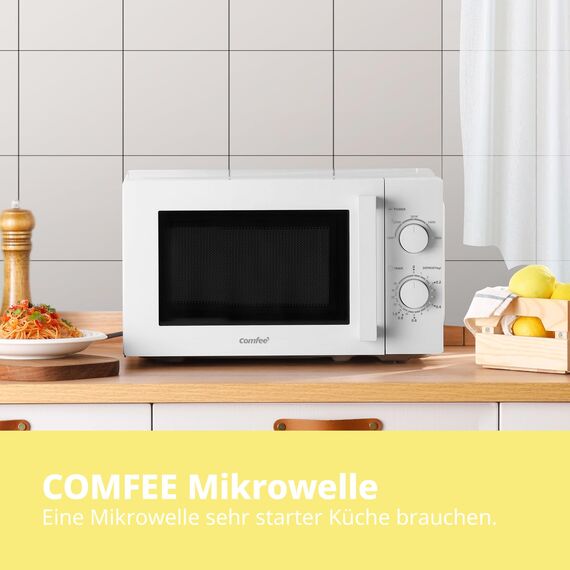 Comfee CMSN 20 wh Mikrowelle / Solo-Mikrowelle mit 5 Leistungsstufen/ Innenbeleuchtung/ easy Defrost/360°Drehteller / Zwei Drehregler/20L/700W/ Weiß, Mechanisch
