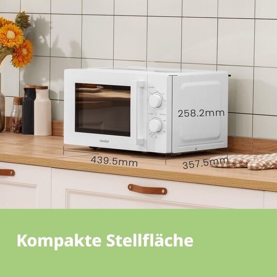 Comfee CMSN 20 wh Mikrowelle / Solo-Mikrowelle mit 5 Leistungsstufen/ Innenbeleuchtung/ easy Defrost/360°Drehteller / Zwei Drehregler/20L/700W/ Weiß, Mechanisch