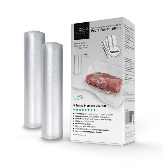 CASO 8 Sterne Profi- Folienrollen 28x600 cm / 2 Rollen, Vakuumierbeutel für alle Vakuumierer, sehr stark & reißfest ca. 150µm, Vakuumbeutel Lebensmittel Vakuumiergerät, Sous Vide, BPA-frei