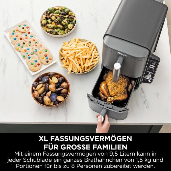 Ninja Double Stack XL Air Fryer Heißluftfritteuse, 9,5L Airfryer, Doppelkorb-Heißluftfritteuse mit 4 Kochstufen, 2 Körben, 2 Rosten, platzsparendes Design, 6 Kochfunktionen, 8 Portionen, Grau SL400EU