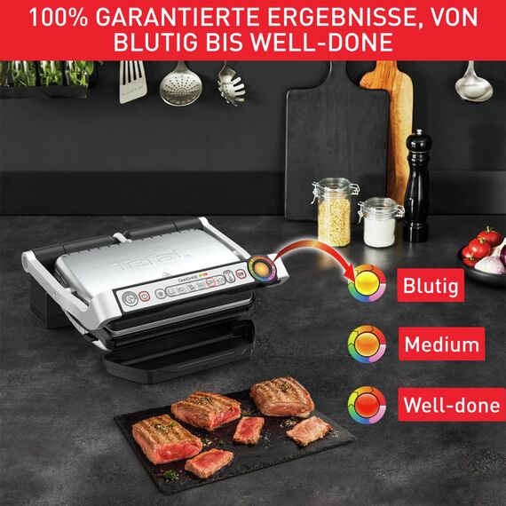 Tefal OptiGrill & Bake Kontaktgrill mit Backschale, 6 Programme, Garstufenanzeige, Abnehmbare Platten, Elektrogrill, Edelstahl, GC714D10