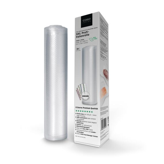 CASO 8 Sterne Profi- Folienrollen 40x1000 cm / 1 Rolle, Vakuumierbeutel für alle Vakuumierer, sehr stark & reißfest ca. 150µm, Vakuumbeutel Lebensmittel Vakuumiergerät, Sous Vide, BPA-frei