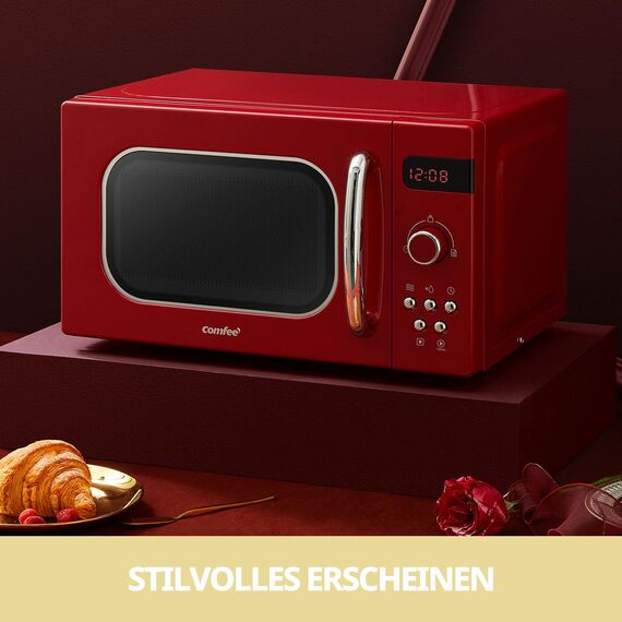Comfee CMSRO 20 di rd Retro-Mikrowelle mit 8 Automatikmenüs, 5 Leistungsstufen, Schnellkochtaste, 20 l, 800 W, leidenschaftlich rot