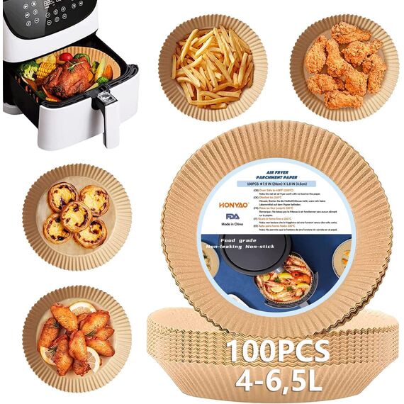 HONYAO Backpapier für Heißluftfritteuse XL 4-6,5 L, Rund 20 cm 100 Stück Pergamentpapier Airfryer Liners, Disposable Paper für Ofen und Air Fryers