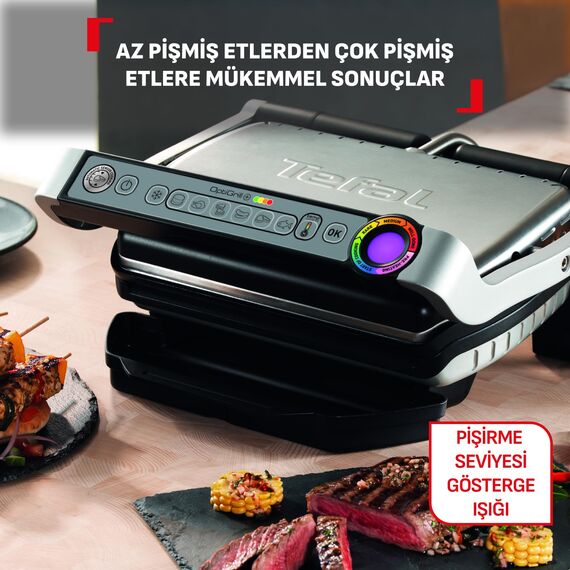 Tefal OptiGrill GC712D34 Kontaktgrill, 6 automatische Programme, Garstufenanzeige, 4 manuelle Temperaturstufen, 2000 W Elektrogrill, abnehmbare Platten, Titan-Metall
