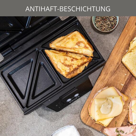 Krups Sandwichmaker, für perfekt zubereitete Sandwichtoasts in Dreiecksform, antihaftbeschichtete Platten, leichte Reinigung, kein Anbrennen, Temperaturkontrollleuchte, 850 W, 31,6x15,5x29,5cm, FDK451