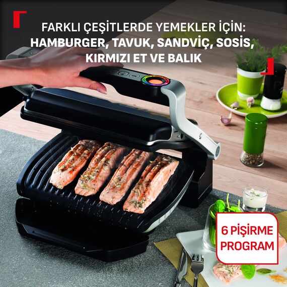 Tefal OptiGrill GC712D34 Kontaktgrill, 6 automatische Programme, Garstufenanzeige, 4 manuelle Temperaturstufen, 2000 W Elektrogrill, abnehmbare Platten, Titan-Metall