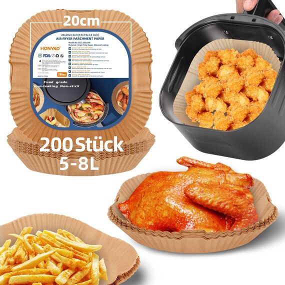 HONYAO Backpapier für Heißluftfritteuse XXL 5-8 L, 200 Stück Quadrat 20x20 cm Air fryer Backpapier Antihaft Einwegschalen Luftfritteuse Pergamentpapier Kompatibel mit COSORI,Philips,Cecotec Airfryer