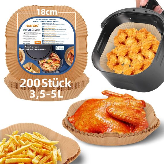 HONYAO Backpapier für Heißluftfritteuse 3,5-5 L, 200 Stück 18x18 cm Eckig Air fryer Papier Antihaft Einwegschalen Luftfritteuse Pergamentpapier Liner Kompatibel mit COSORI,Philips,Cecotec Airfryer