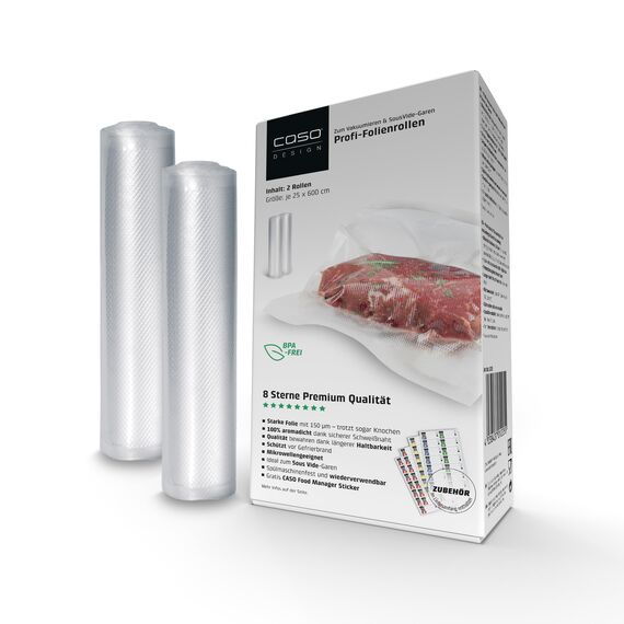 CASO 8 Sterne Profi- Folienrollen 25x600 cm / 2 Rollen, Vakuumierbeutel für alle Vakuumierer, sehr stark & reißfest ca. 150µm, Vakuumbeutel Lebensmittel Vakuumiergerät, Sous Vide, BPA-frei