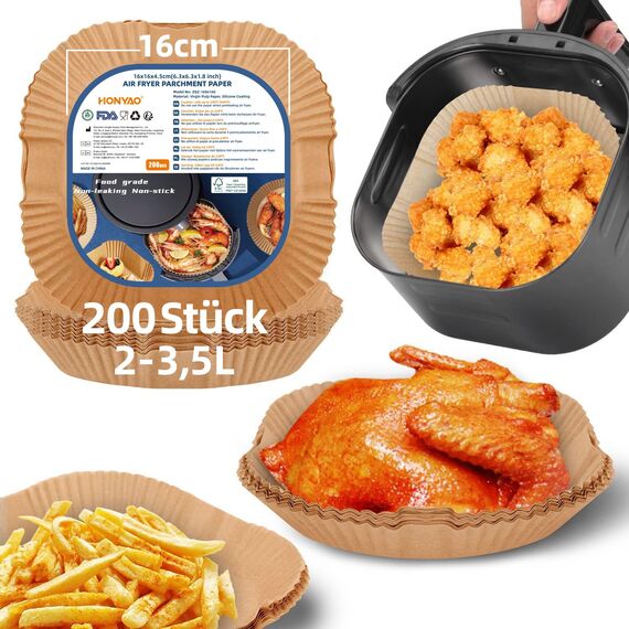 HONYAO Backpapier für Heißluftfritteuse 2-3,5 L, 200 Stück Quadrat 16x16 cm Air fryer Baking Papier Liners Antihaft Einwegpapier Zubehör kompatible mit Philips Cosori Xiaomi Airfryer