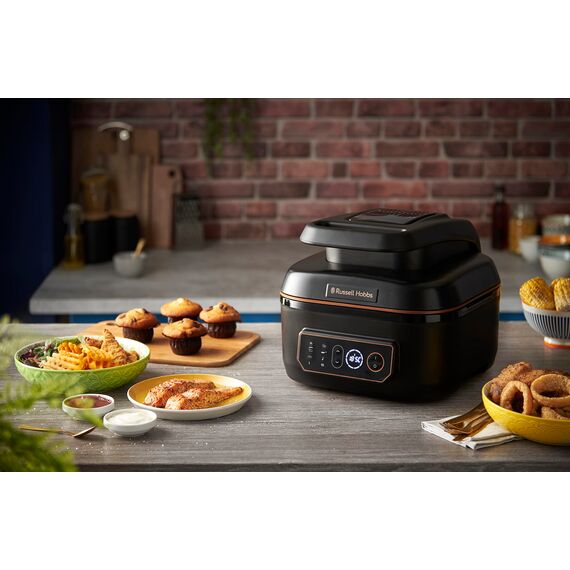 Russell Hobbs Heißluftfritteuse XL 5,5 l [Air Fryer/Grill/Multikocher] Rapid Air (spülmaschinenfest, Ober-&Unterhitze, kein Schütteln mehr, Slow Cooker, Backen, TK Pizza Ø 30cm) SatisFry 26520-56