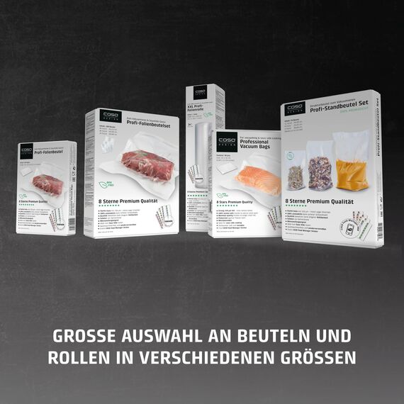 CASO 8 Sterne Profi- Folienrollen 28x600 cm / 2 Rollen, Vakuumierbeutel für alle Vakuumierer, sehr stark & reißfest ca. 150µm, Vakuumbeutel Lebensmittel Vakuumiergerät, Sous Vide, BPA-frei