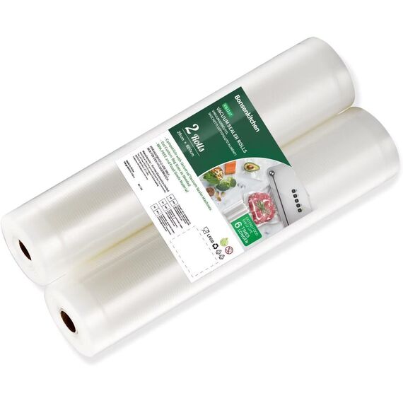 Bonsenkitchen Vakuumrollen 2 Rollen 28x600cm Vakuumierfolie - Profi Vakuumbeutel für Vakuumierer & Lebensmittel Vakuumiergerät, BPA-frei, Kochfest und Sous Vide Gefrierbeutel, VB3207