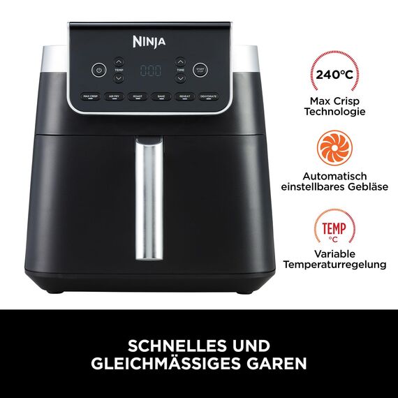 Ninja Air Fryer Heißluftfritteuse MAX PRO, 6,2L, Antihaftbeschichtung, spülmaschinenfester Korb und Crisper Gittereinsatz, Fritteuse ohne Öl, digital, Kochen aus dem Gefrorenen, Grau, AF180EU